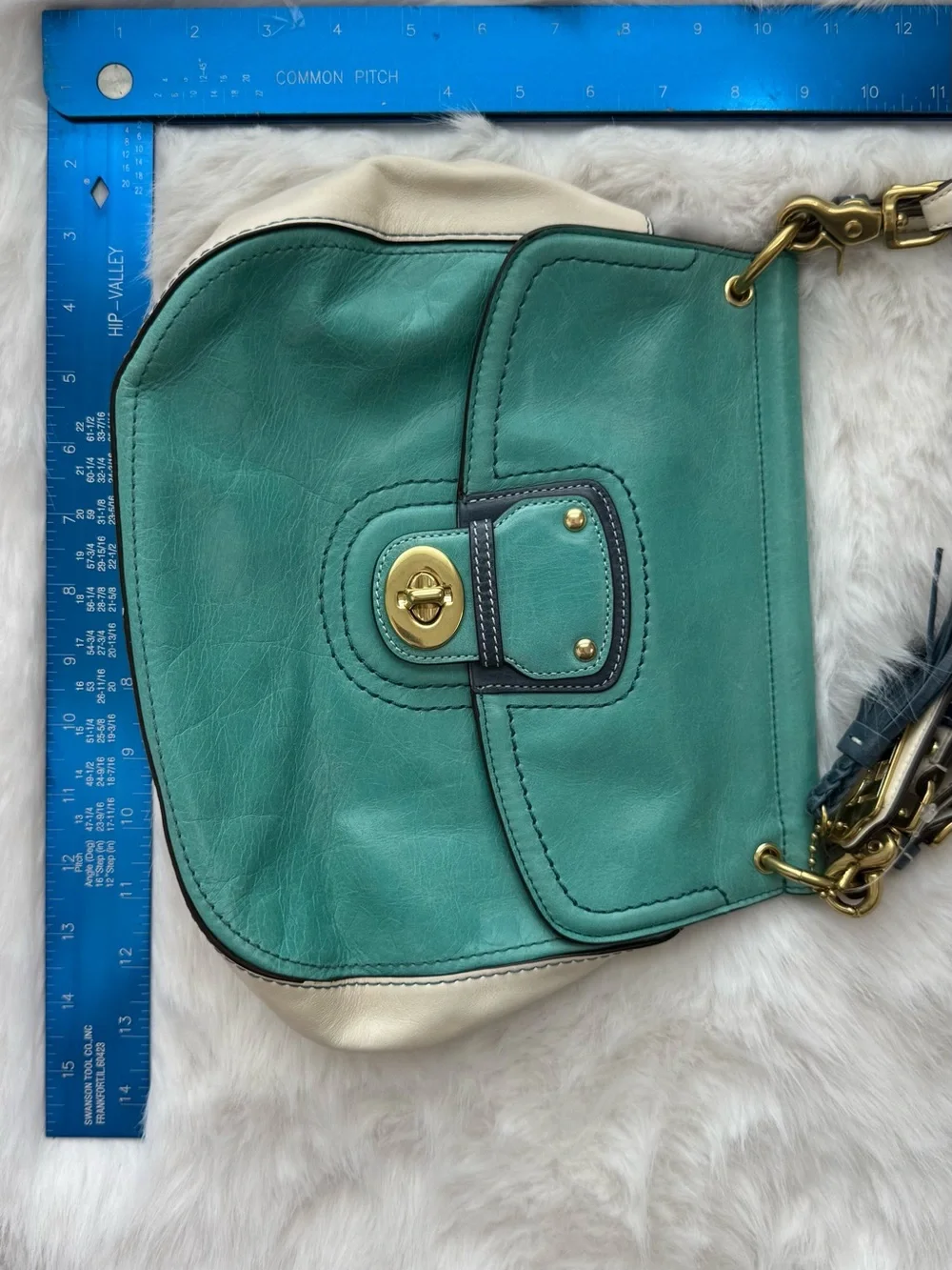 Coach Teal Leather Satchel with Tassel and Gold Hardware